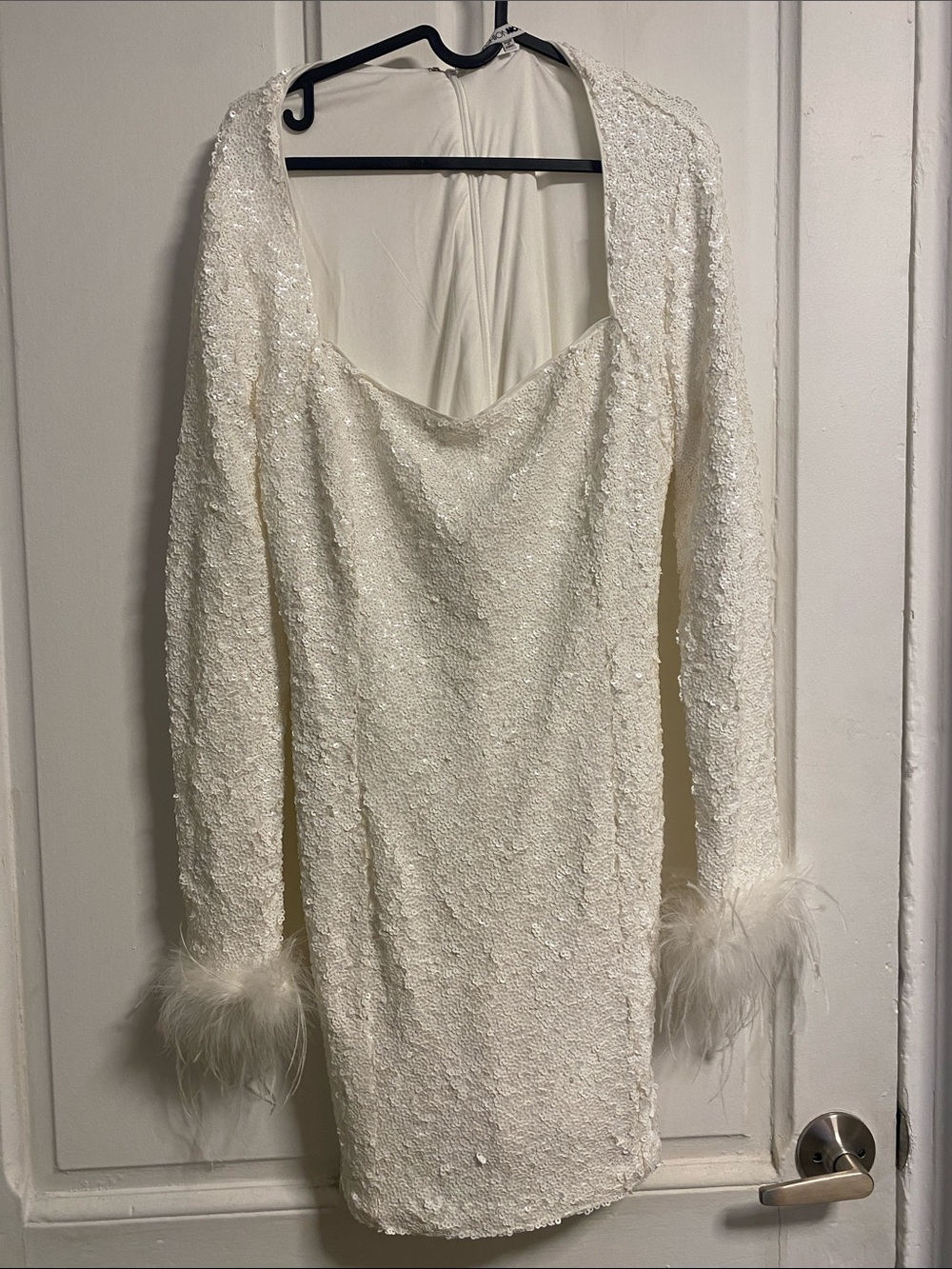 Fashion Nova White Sequin Long-Sleeve Mini Dress with Feather Cuffs